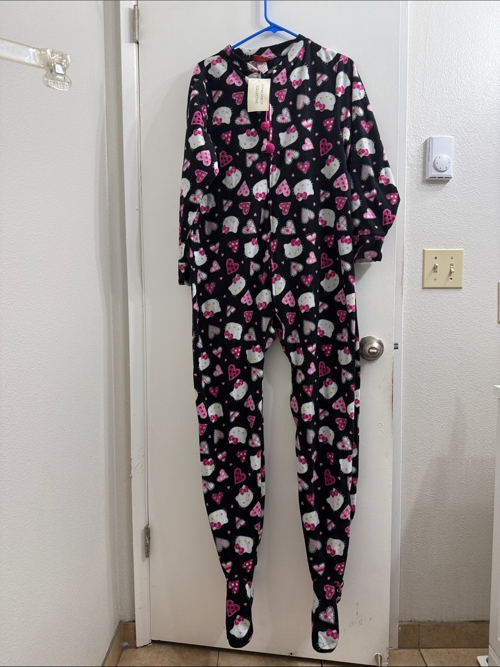 Hello Kitty Black Pink White Fleece Footed Pajamas Onesie